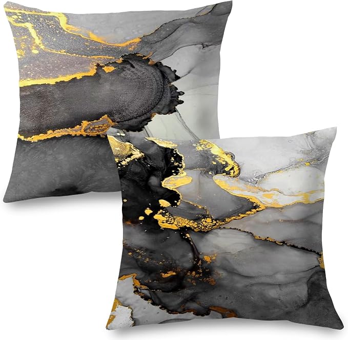 Black Grey and Gold Marble Pillow Covers 18x18 Double-Sided, Abstract Modern Decorative Throw Pillow Covers for Living Room Bedroom, Modern Home Decor, Black and Gold Decor, Set of 2