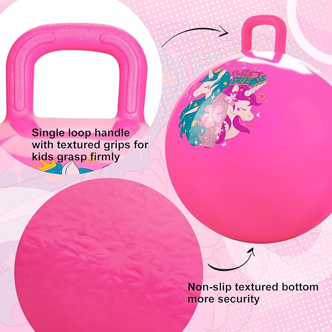 ZOOJOY Hopper Ball, Pink Bouncy Balls for Kids, 20 Inch Sit on Jumping Toys with Handle for Girls Gift Aged 6-12, Inflatable Unicorn Bounce Hopper Balls Toy with Pump