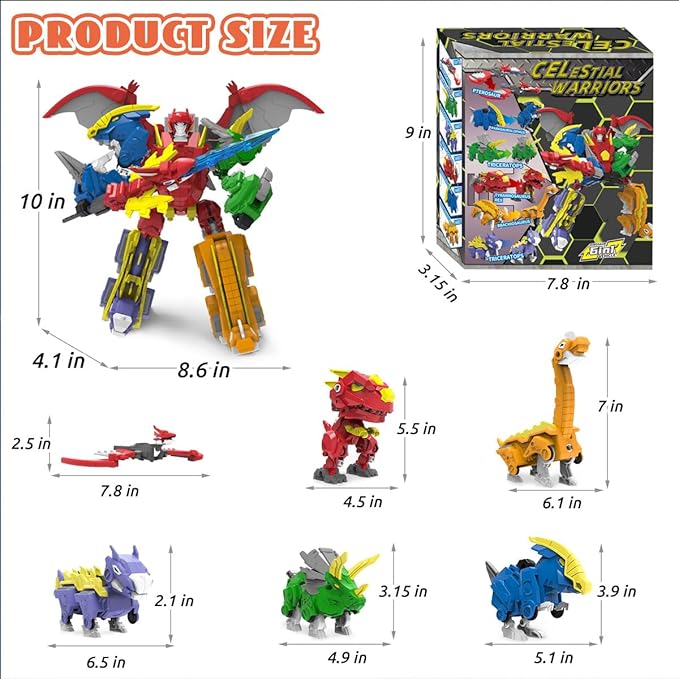 Dinosaur Combined Robot Toys, 6-in-1 Deformation Robot, 10-in Take Apart Robot Figures, Disassembly Toys for Boys & Girls Age 6+ (10IN)