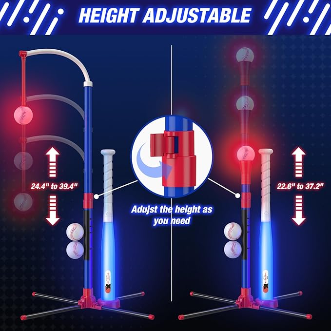 HYES 3-in-1 LED Baseball Set for Kids 3-5 - Tee Ball Stand, Hanging Tee, Ball Launcher and 4 Softballs - Adjustable Height, Indoor/Outdoor Sport Gifts for Boys Girls, Blue