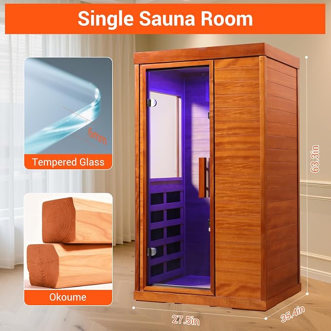 Bowear Far Infrared Sauna for 1-2 Person, 110V 1120W Indoor Home Sauna with Bluetooth Audio, 7 Colors Light Therapy, Reading Lamp, Time & Temperature Adjustable, Oguman Wood Dry Sauna