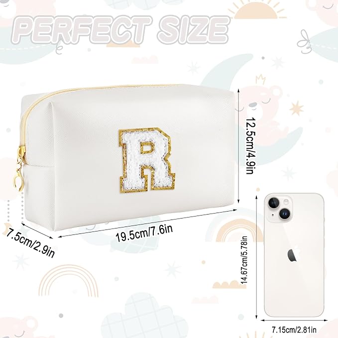URSKYTOUS Gifts for Girls Initial Makeup Bag Personalized Cosmetic Bag with Zipper Cute Travel Toiletry Bags Waterproof PU Preppy Makeup Pouch Birthday Gift for Teen Girls Women(White R)