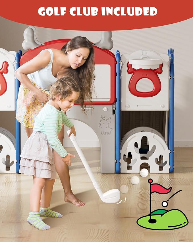 YUFU 13 in 1 Kids Slide for Toddlers, Toddler Slide Playset with Golf, Drawing Board, Climber, Basketball Hoop, Storage Space, Indoor Outdoor Toddler Playground for Kids Age 1-3 (Blue Red)