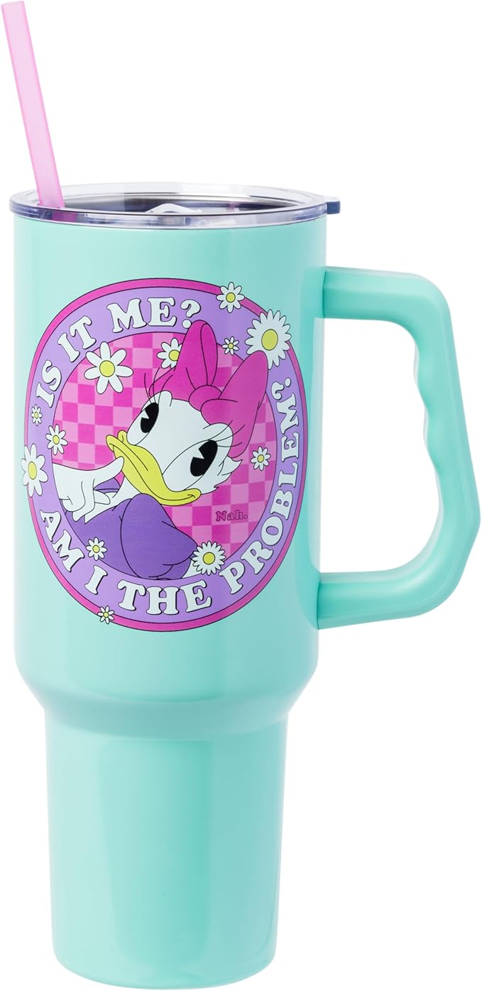 Silver Buffalo Disney Daisy Duck “Is It Me? Am I the Problem?” Stainless Steel Tumbler with Handle, Fits in Standard Cup Holder, 40 Ounces
