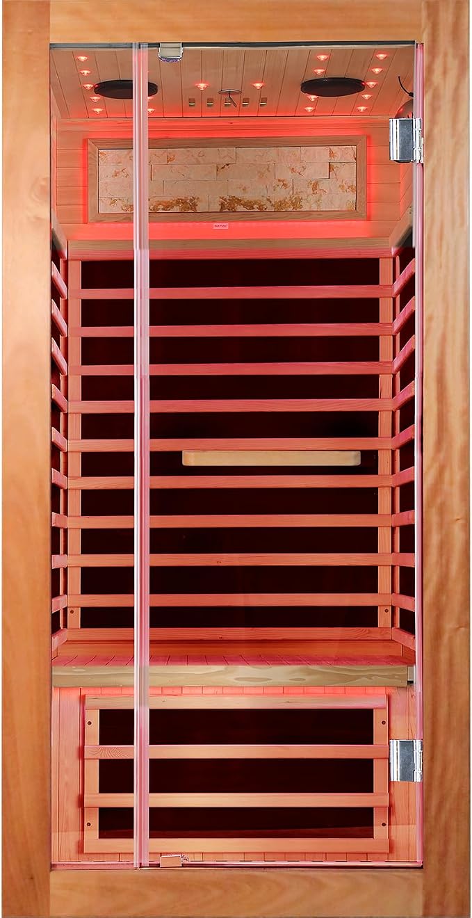OUTEXER Sauna One Person Far Infrared Saunas Room African Mahogany Wood 1350W Dry Saunas Spa with 7 Starry Sky Light Wood Wax Oil on Outer Surface 35.4 * 35.4 * 70.9inch
