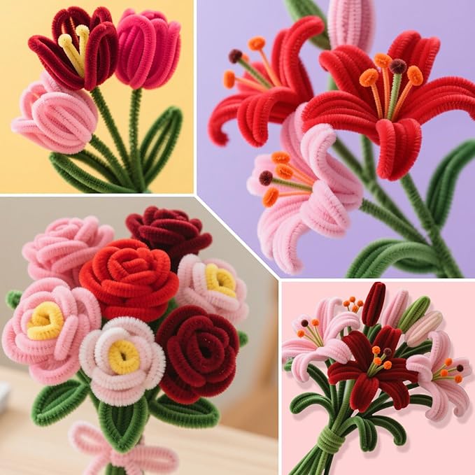 ASTARON 521 Pcs Pipe Cleaners Craft Set, 5 Colors Pipe Cleaners Bulk Pastel Chenille Stems for Craft Pipe Cleaner Flowers Making Kit with Floral Wires, Gardening Tape (Red Pink Series)
