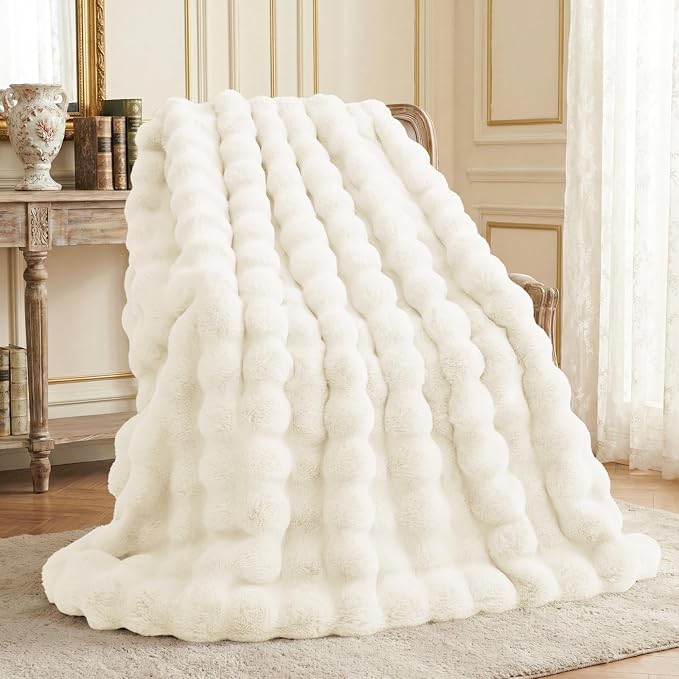 L'AGRATY Faux Rabbit Fur Throw Blanket for Couch, 50'' x 60'', Cream White | Soft Cozy Bubble Fluffy Blanket for Sofa Bed, Thick Warm Plush Fuzzy Throw for Room Home Decor, Luxury Gift for Women Mom