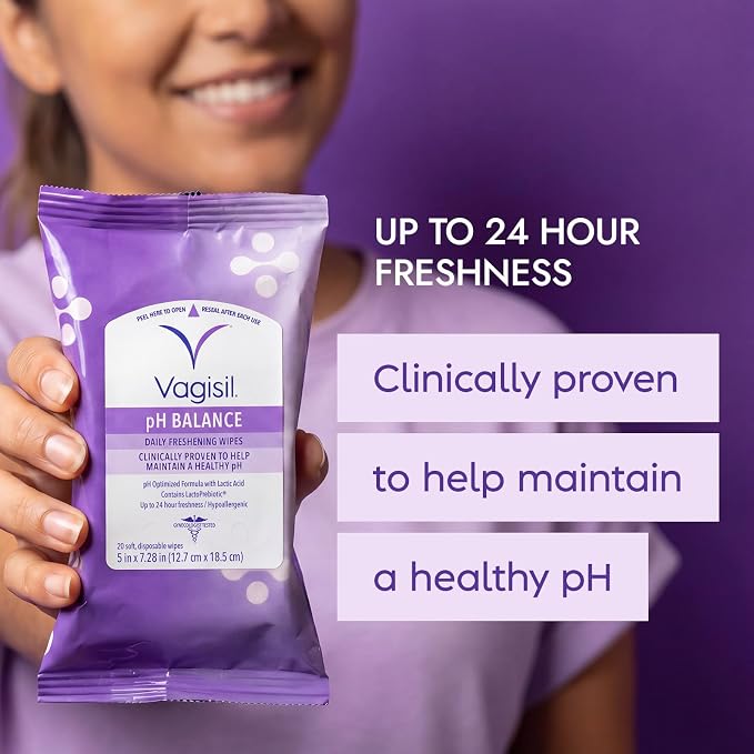 Vagisil pH Balance Daily Freshening Wipes for Feminine Hygiene in Resealable Pouch, Gynecologist Tested & Hypoallergenic, 20 Wipes (Pack of 1)