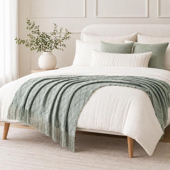 BATTILO HOME Sage Green Throw Blanket for Couch, Boho Bed Throws for Home Decor, Light Blue Throw Blanket for Sofa Living Room, 50"x60"