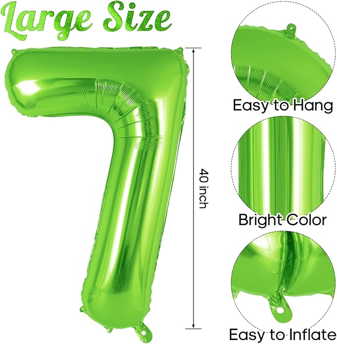 Dinosaur Green Number 7 Balloon, 40 Inch Big Large Foil Helium Green Number Balloon with 4 Pcs Mini Dinosuar, Dinosuar Mylar Balloons Set for 7 Year Old Birthday Party Decorations Supplies
