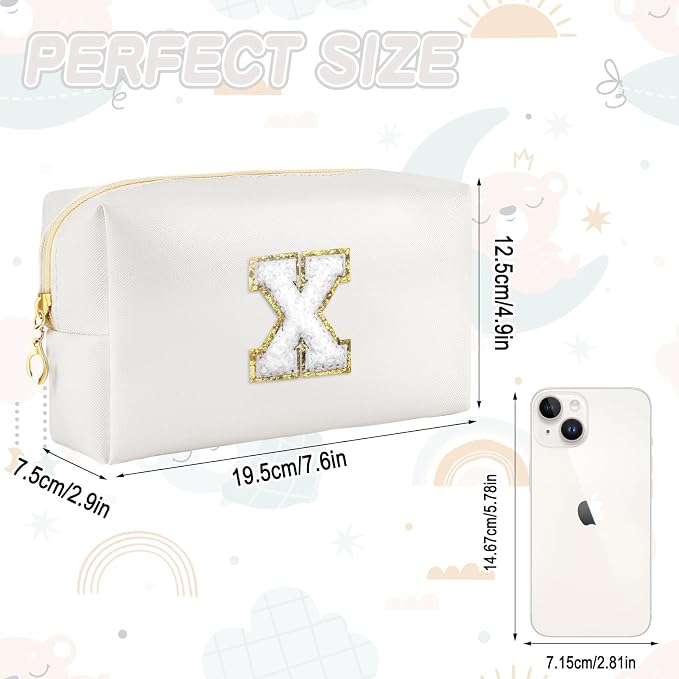 URSKYTOUS Gifts for Girls Initial Makeup Bag Personalized Cosmetic Bag with Zipper Cute Travel Toiletry Bags Waterproof PU Preppy Makeup Pouch Birthday Gift for Teen Girls Women(White X)