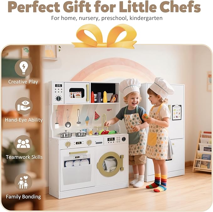Play Kitchen Sets for Kids, Pretend Wooden Kids Kitchen Playset, Interactive Toy Kitchen with Freezer, Washing Machine, Ice Maker & Large Storage Space, for Boys Girls Ages 3+, White