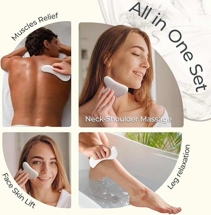 Scienlodic 2 Pcs Gua Sha Massage Tools for Face & Body (White, Resin) - Guasha Scraping Tool for Jawline Contouring, Puffiness Reduction, Neck, Shoulders, Arms & Calves Relaxation