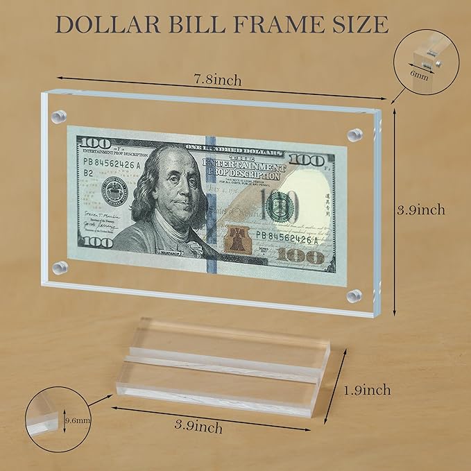 4 Pcs Dollar Bill Frame Display Acrylic Dollar Bill Holder for Collectors Currency Frame Display Case Double-Sided Transparent Ticket Banknotes Stamp Photo Protector(Transparent-4)