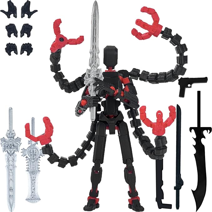Assembly Completed T13 Action Figure,T13 Action Figure Multi-Jointed Movable,Ultimate Desktop Decor for Lovers t-13 Movability 3D Printed Toys (Black red-, 7.2in)