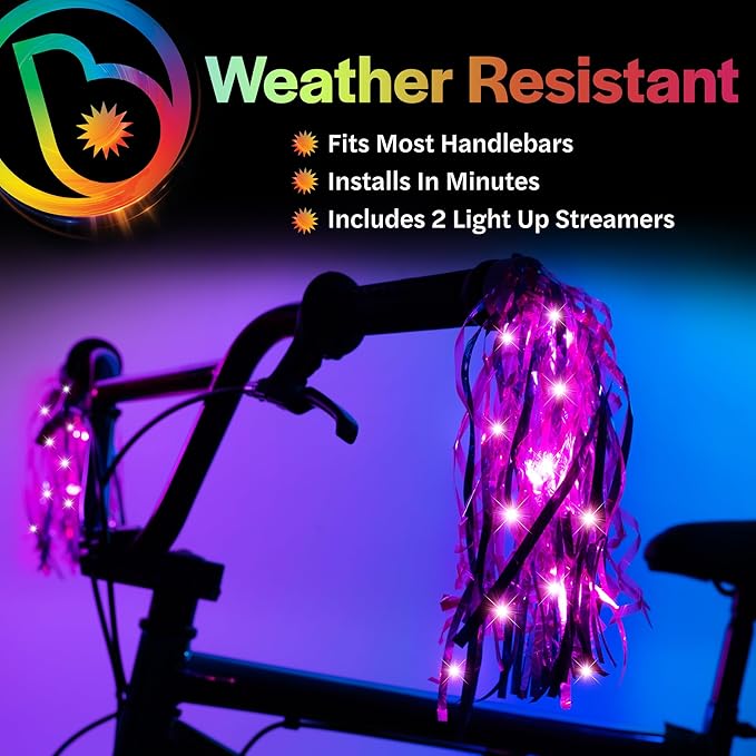 Brightz SparkleBrightz LED Light Up Bike Streamers, 2-Pack - LED Light Up Tassels for Bikes & Scooters - Add Glimmer & Shine to Your Handlebars - Batteries Included