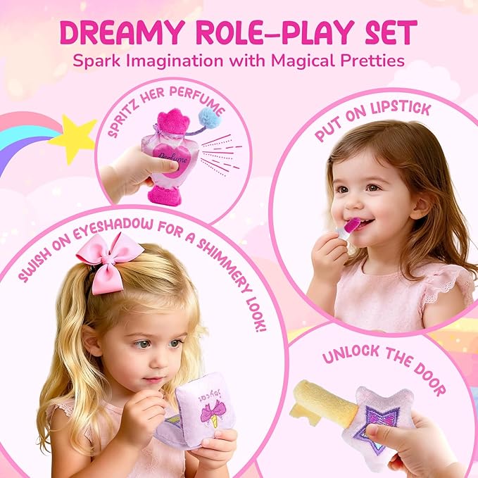 JoyCat Toys for Toddlers 1-3 Girls, My First Purse Baby Girl Unicorn Makeup Bag Set 5 PCS Plush Toy with Perfume, Lipstick, Palette, Star Key - 1 Year Old Girl Gifts, Christmas Stocking Stuffer