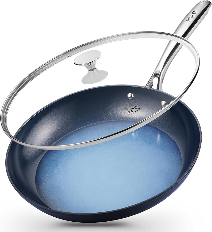 KOCH SYSTEME CS 14 Inch Large Frying Pan with Lid, Nonstick Skillet with Ceramic Interior, Large Fry Pan for Family & Commercial Cooking, Frying Pan Nonstick, Oven Safe & Induction Compatible, Blue