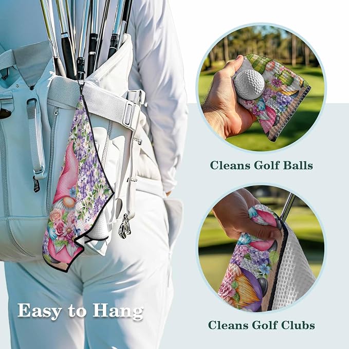 Blue Purple Gnomes Golf Towel with Clip, Spring Hydrangea Flower Leaf Pink Plaid Large Microfiber Women Men Sports Work Out Disc Golf Bag Towel for Yoga, Gym, Fitness, Swimming Towels Accessory