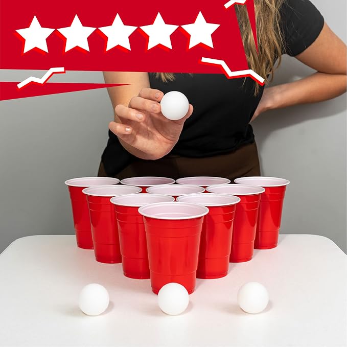 Beer Pong Set – 24 Reusable Cups & 4 Durable Pong Balls | America’s #1 Party Game, Outdoor Events & Gifts for Friends & Family