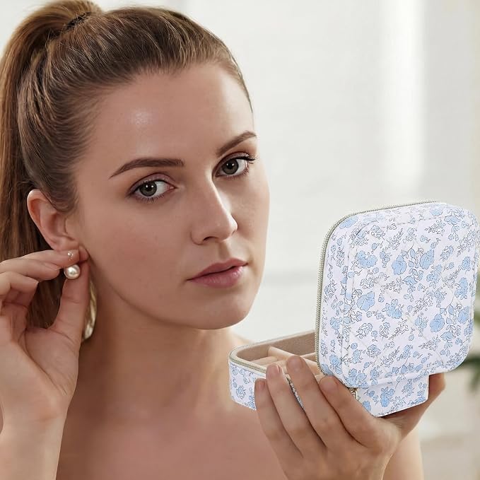 Blue Floral Travel Jewelry Case Quilted Small Jewelry Organizers and Storage Box Gifts with Mirror for Women Girls to Organize Rings, Necklaces Earrings Bracelet Little Accessories Holder