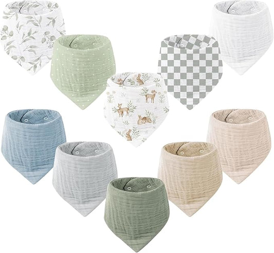 Konssy Muslin Baby Bibs 10 Pack Baby Bandana Drool Bibs 100% Cotton for Unisex Boys Girls
