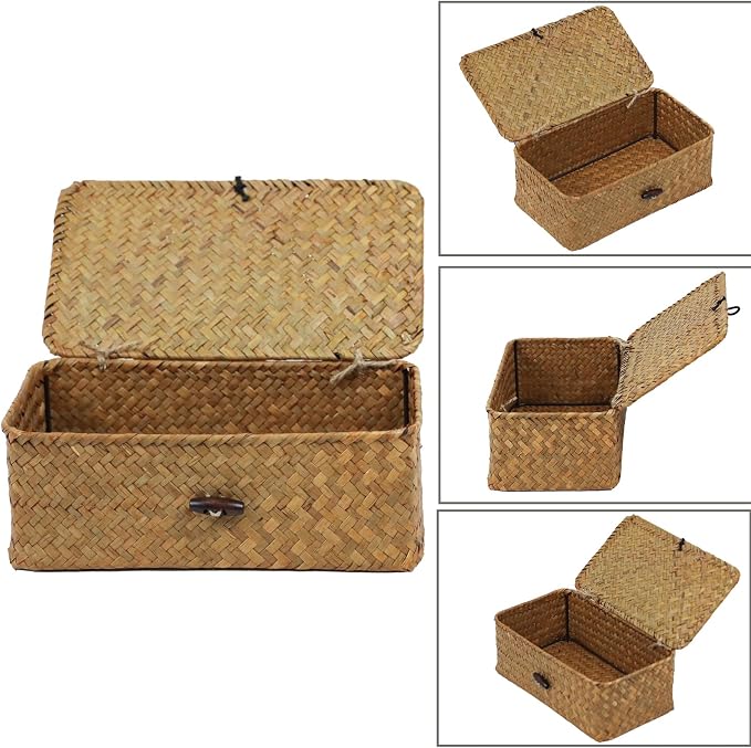 Wicker Storage Basket with Lid, Seagrass Storage Baskets for Organizing | Rectangular Woven Basket for Storage, Decorative Boxes Bins with Lid Home Organizer Decor, Small Storage Box, Shelf Organizer