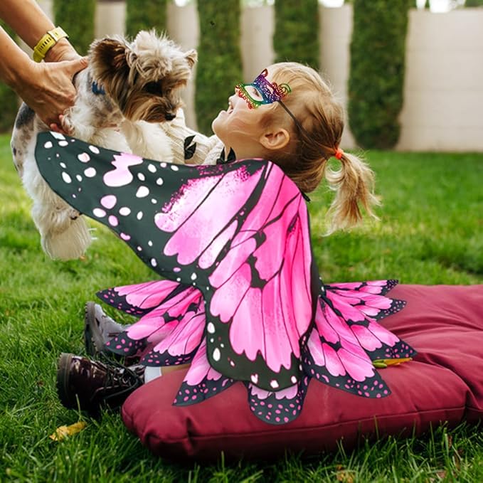 Kids Butterfly Wings Costume for Girls Fairy-Wings Mask Party Favors Gifts (Pink+skirt sets)