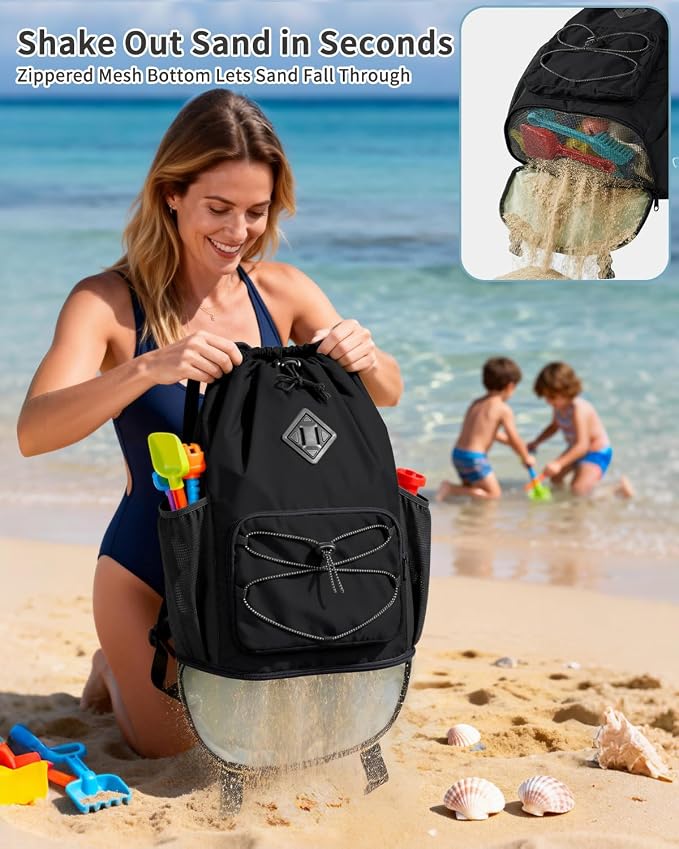 WANDF Drawstring Backpack with Removable Wet Pocket, Sandproof Beach Backpack with Bottom Compression Strap for Beach Mat, Swim Bag for Pool, Gym, Travel and Workout Gear (Black)