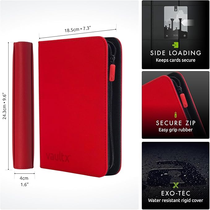 Vault X 4 Pocket Zip Binder, 160 Cards, Exo-Tec Material, 20 Side-Loading Pages (Red)