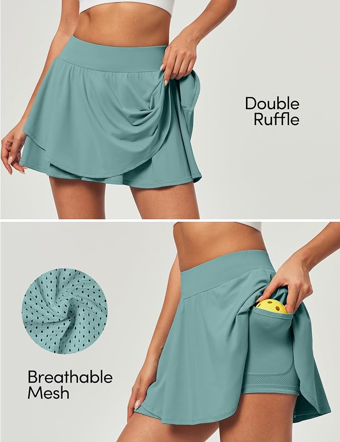 IUGA Tennis Skirt Pleated Skorts for Women with Pockets Skirts for Women | Double Ruffle Skort , Built-In Shorts, 2 Pockets, Tummy Control Breathable, Quick-dry, for Golf, Athletic, Running, Workout
