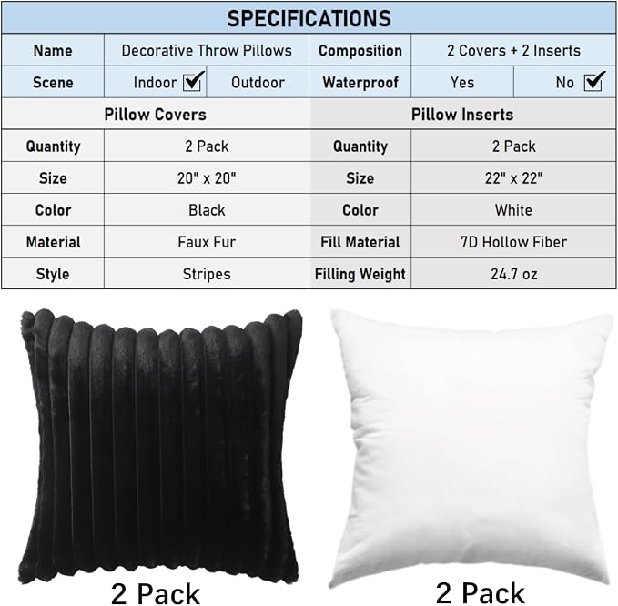 Decorative Throw Pillow with Inserts, Set of 2 Soft Faux Fur Throw Pillows, Square Boho Striped Pillow for Couch, Bed, Sofa Decor (Black, 20" x 20"(Pack of 2))