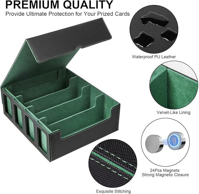 GEAoffice Trading Card Storage Box with Commander Display, 3200+ Card Deck Case with Magnetic Removable Lid, 4-Row Deck Box for MTG/TCG/Sports/Games, 10 Stoppers, 24 Dividers, 1 Dice Tray, Black Green