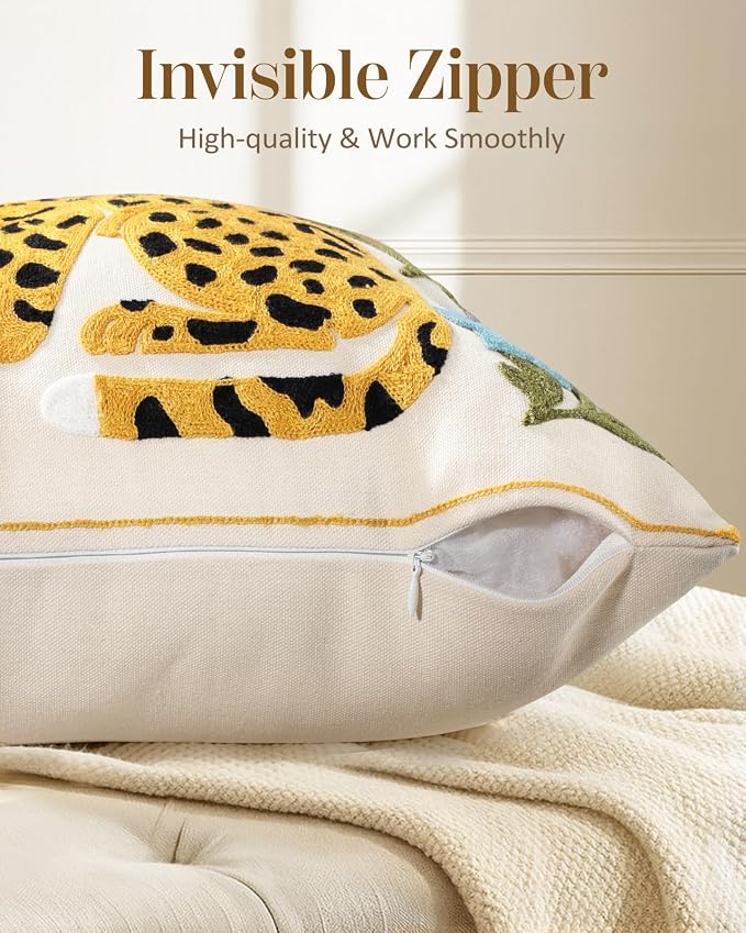 Animal Embroidered Throw Pillow Cover 18x18 Inch, Leopard Floral | Decorative Pillow Cover, Boho Cushion Cases with Hidden Zipper, Fall Decor for Couch, Sofa, Living Room, Bedroom