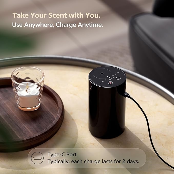 Airversa AN8 Waterless Essential Oil Diffuser Starter Kit, Black | 2X20 mL W+WST Hotel Scent Fragrance Oil, Up to 600 sq ft, Battery Operated, Portable for Home Car Office, AN8Kit-2x20-W