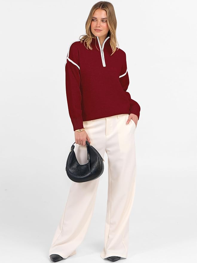 ANRABESS Womens Quarter Zip Sweaters Fall Long Sleeve V Neck Shirts Collared Business Casual Tops Knit Pullover Sweatshirts