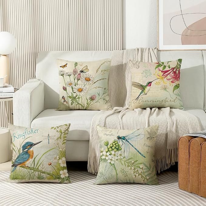 wyooxoo Throw Pillow Covers 18x18 Set of 4 Spring Summer Pillow Covers Flower Bird Farmhouse Outdoor Decorative Cushion Case for Sofa Couch Living Room