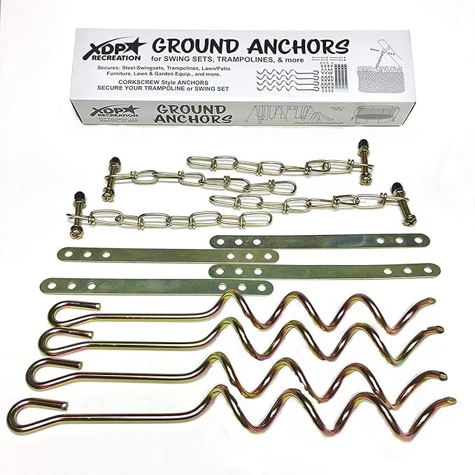 Metal Ground Anchor Kit - 4pcs Auger-Style 12 3/4" ea. All Hardware Included. Easy Assembly, Strong and Durable. for Backyard Swing Sets, Trampolines, Yard Furniture, by XDP Recreation a USA Company