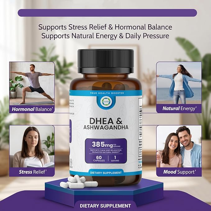 DHEA & Ashwagandha Supplement 385mg – Ashwagandha 250mg, DHEA 10mg, Vitamin C & B6 – Supports Relaxation, Natural Energy & Balanced Mood – Made in USA, 60 Vegan Capsules