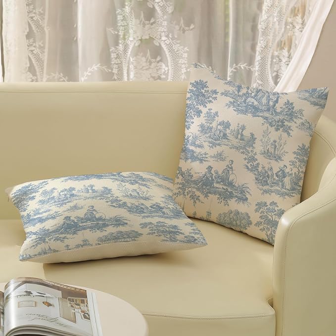 French Country Pillow Covers 20x20 Set of 2 Vintage Baby Blue Toile Throw Pillows Outdoor French Country Decorative Pillowcase Rustic Cottage Farmhouse Cushion Case for Couch Living Room Decor