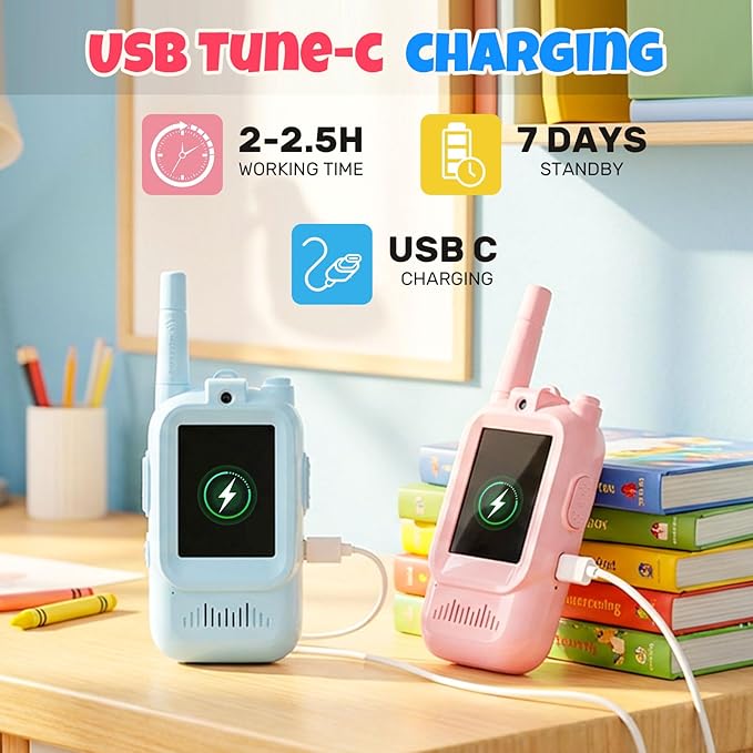 Video Walkie Talkies for Kids, 2 Pack Rechargeable, Long Range Voice & Video Communication, HD Camera, Fun Voice Effects, Ideal for Boys & Girls Ages 3-10, Indoor & Outdoor Play-Blue/Pink
