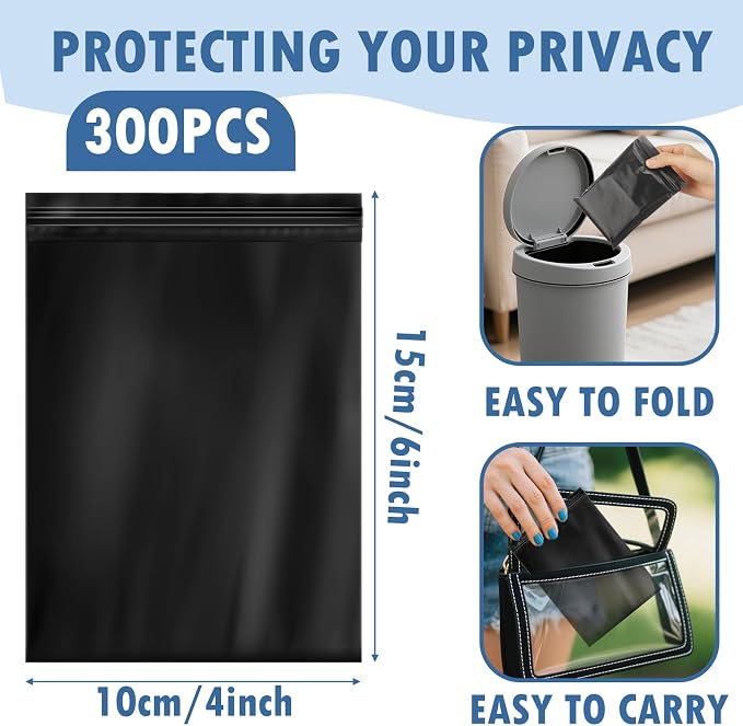 Dunzoom 300 Pcs Sanitary Napkin Disposal Bags Women Tampon Plastic Bags 4" x 6" Black Period Pad Bag Odor-Proof Feminine Hygiene Bag for Tampons and Pads Women Privacy Handling