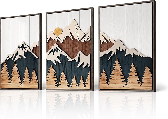Framed 3D Wood Mountain Textured Wall Art for Living Room, 3 Piece Farmhouse Modern Wood Artwork for Walls, Landscape Mountain Forest Sun Wall Art Decor for Home Office Bedroom Hallway, 16x24 Inch