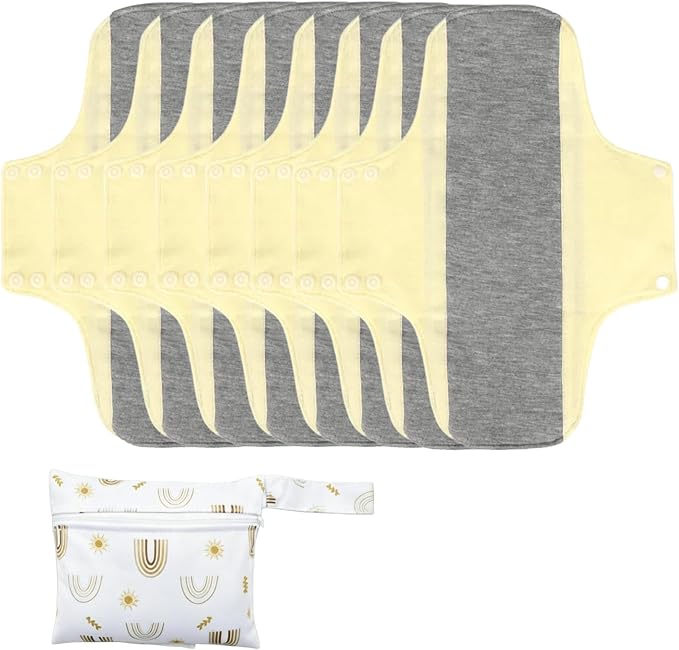 Washable Menstrual Pads,Graphene Cotton Cloth Reusable Incontinence Pads,Sanitary Napkins,with 1 Storage Bag,Panty Liners Pads,Period for Woman Postpartum/Incontinence(Yellow/L/8pcs)