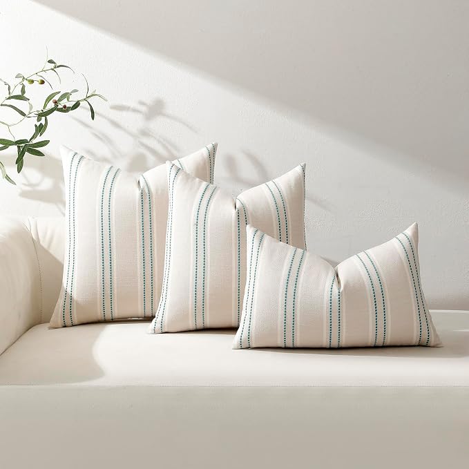 Hckot Stripe Throw Pillow Covers 24x24 Set of 2 Teal Blue Pillow Covers | Euro Sham Farmhouse Decorative Pillows Textured Linen Square Cushion Covers for Sofa Couch Bed Living Room Decor