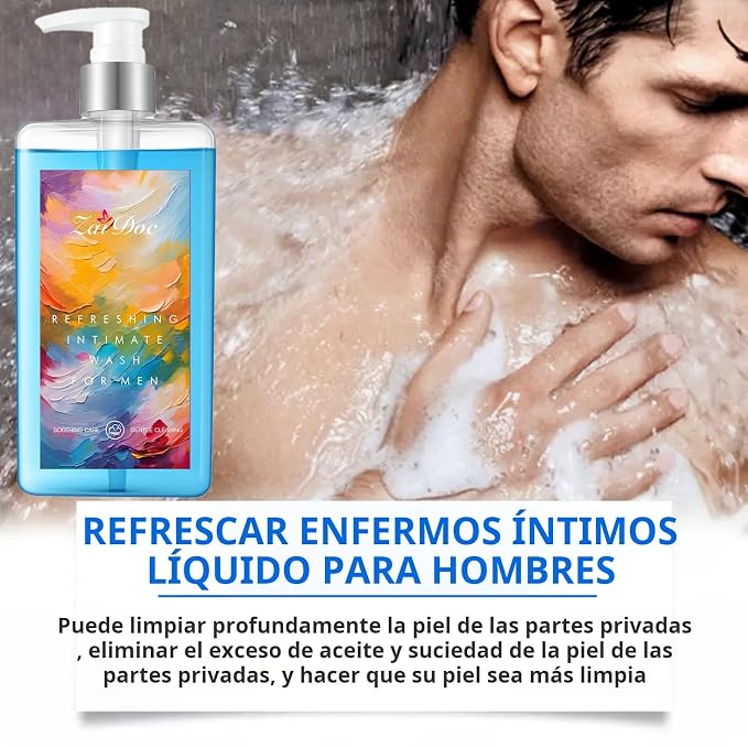 Refresh Gentle Intimate Wash for Men, Daily Cleanser with Lactic Acid & Menthol, pH Balanced for Sensitive Skin, Blue, 10.14 fl oz