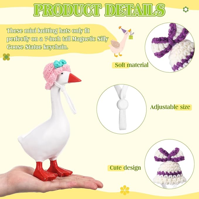 Geyoga 6 Pcs Mini Knitted Hats 7 Inch Goose Outfits Hat with Adjustable Strap Mini Porch Goose Headwear for Statue Key Holder