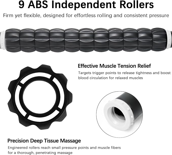 Muscle Roller Massage Roller Stick- Deep Tissue Fascia Blaster for Myofascial Pain Relief, Lymphatic Drainage & Body Sculpting, Handheld Physical Therapy & Recovery Tool (White black-18 inch)