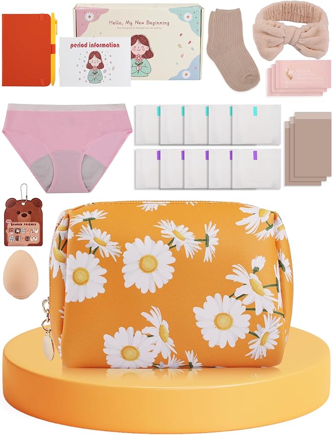 First Period Gift Kit for Girls 9-12 | Complete Tween Period Set with Daisy Yellow Bag, Leak-Proof Panties, Teen Pads, Wipes, Diary, Nail Stickers & More – Perfect for School & Travel (S)