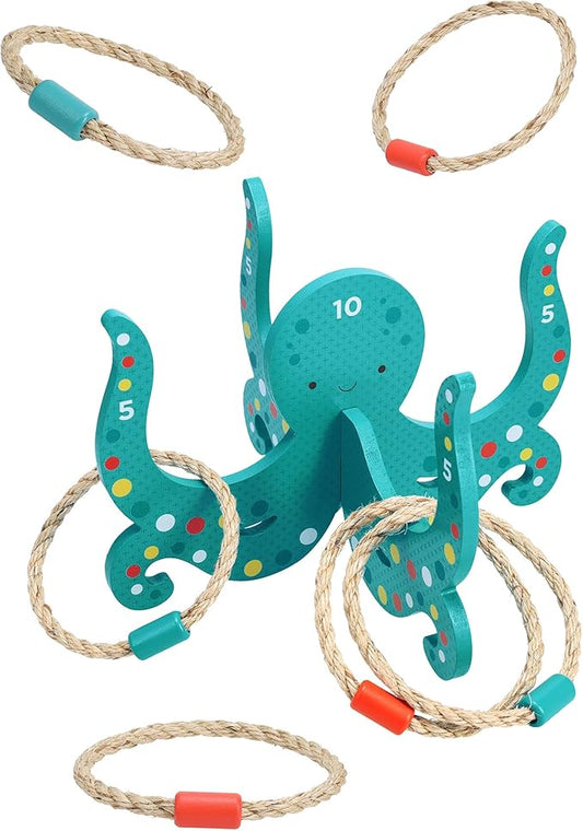 Petit Collage: Happy Octopus Wooden Hoopla - Wooden Carnival Ring Toss Game with Rope Rings - Perfect for Indoor or Outdoor Play - Great Birthday Party Activity or Gift for Kids Ages 3+